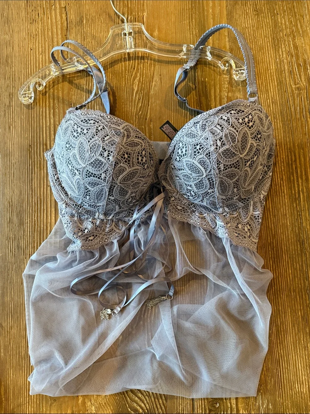 Victoria's Secret Lavender Lace & Sheer Babydoll Chemise with Ribbon Tie